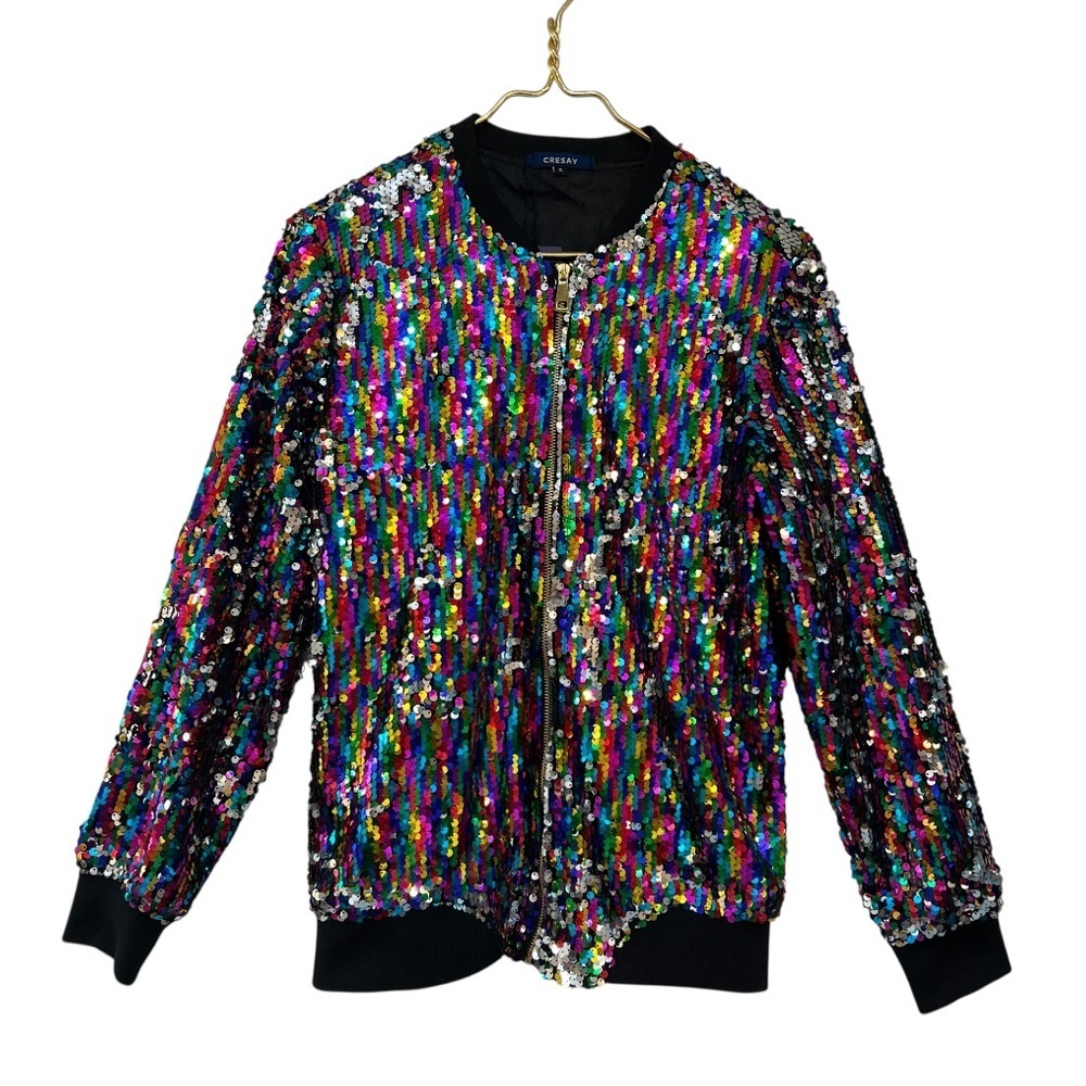 Cresay Multicolor & Silver Sequin Ribbed Trim Zip Front Bomber Jacket NWT - Picture 3 of 9